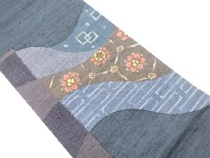 手織り紬変わり横段に亀甲・花模様織出し袋帯